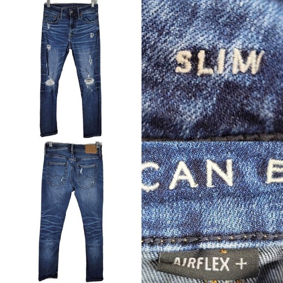 American Eagle AE Jeans Mens Slim Next Level Airflex Blue 28X30 Skate Distressed - Picture 1 of 12